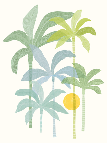 Illustration von Palmen in Grün und Blau vor einem beigen Hintergrund mit einer gelben Sonne.