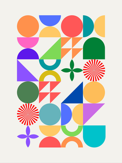 Grafisches Poster mit bunten geometrischen Formen auf hellem Hintergrund.