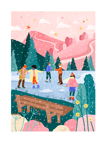 Illustration von Menschen, die in einer bunten Winterlandschaft Schlittschuh laufen.