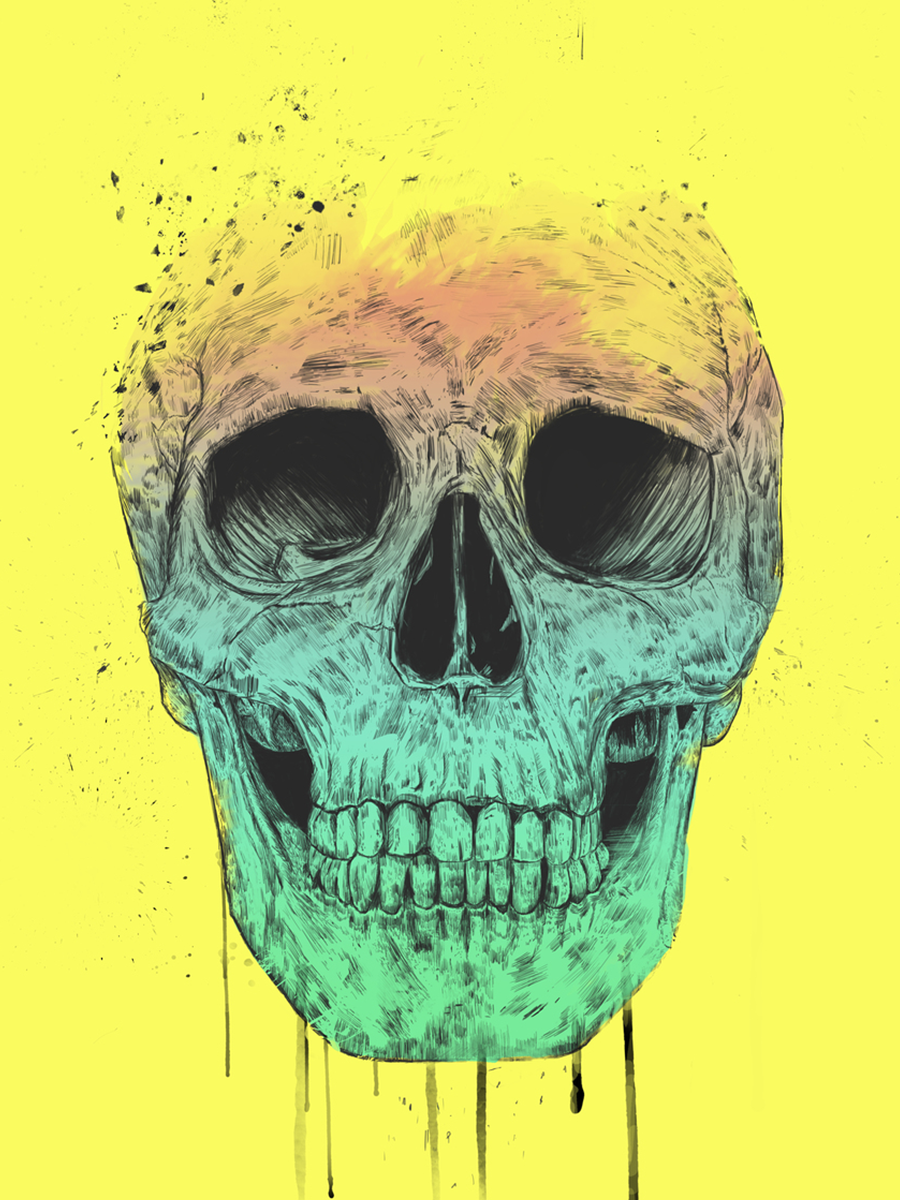 Illustration eines bunten Totenkopfs in Grün und Rosa auf gelbem Hintergrund.