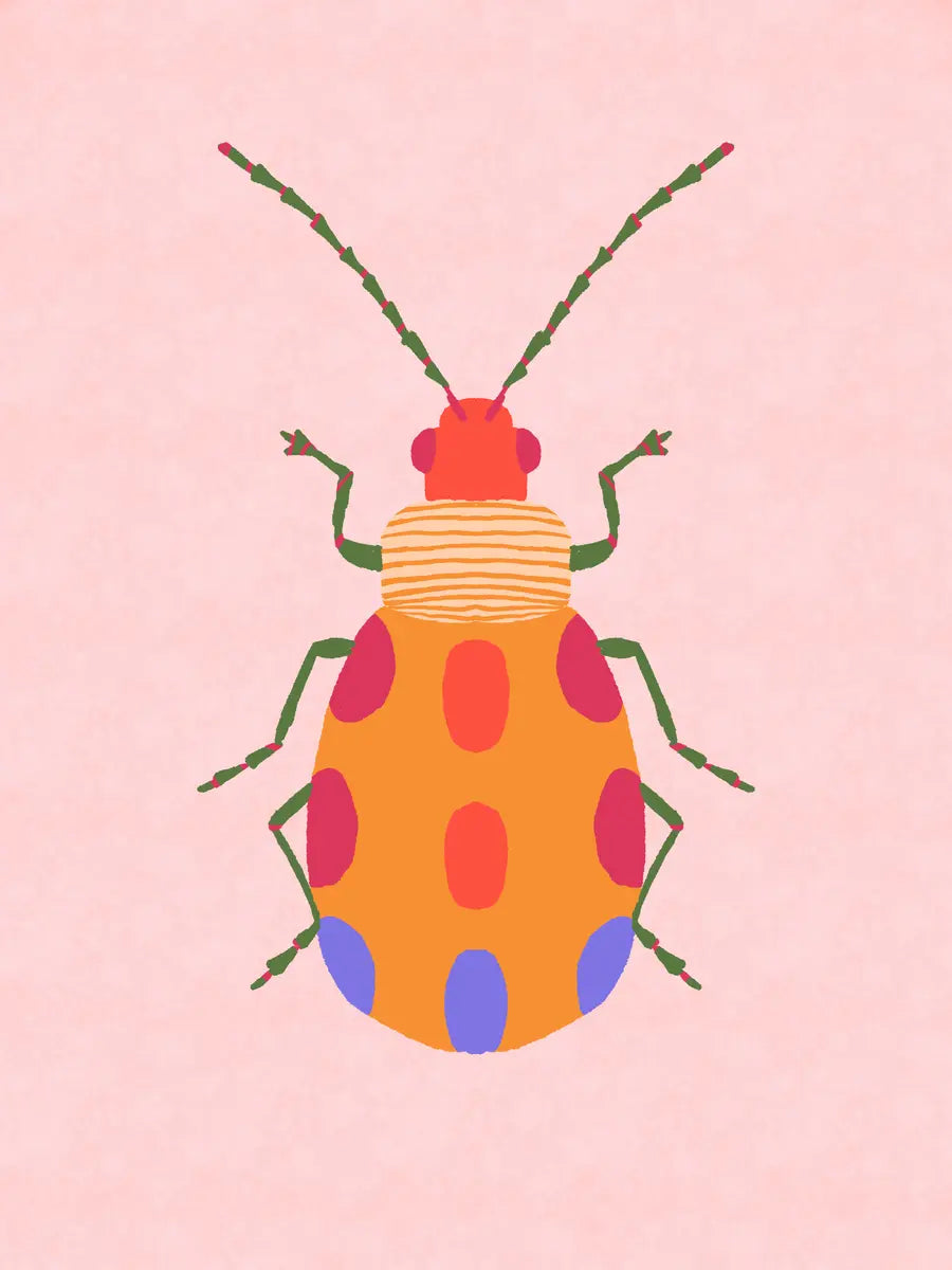 Eine grafische Illustration eines bunten Käfers mit roten blauen und orangen Punkten auf rosa Hintergrund.