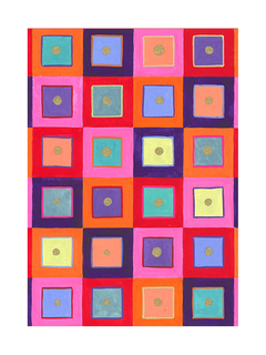 Buntes Poster mit quadratischem Muster in Rot, Lila, Grün, Blau, Orange und Gelb.