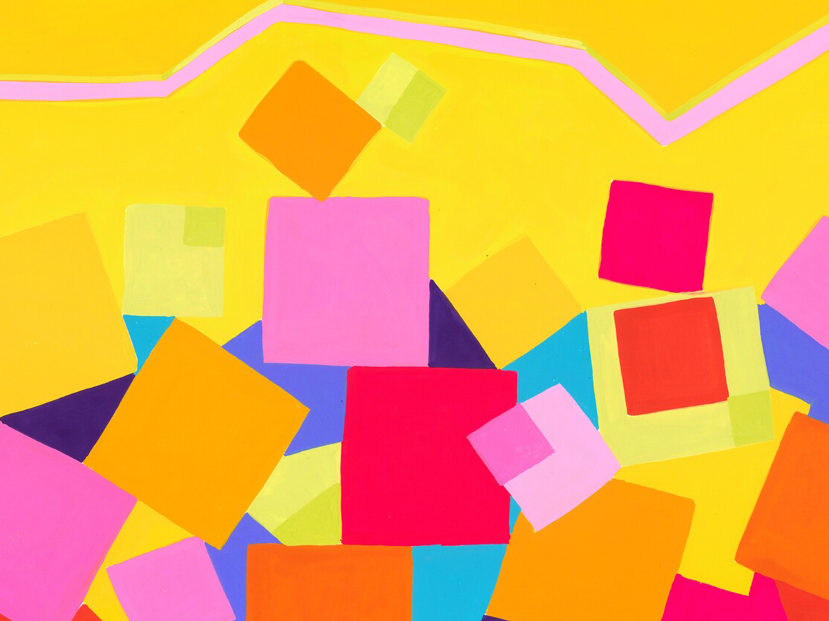 Bunte Quadrate in Pink, Rot, Orange und Blau auf gelbem Hintergrund.
