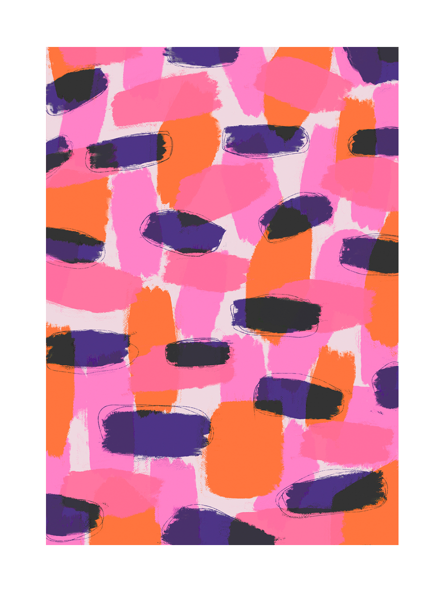 Ein Poster mit einem Farbspritzer-Muster in Pink, Orange und Lila.