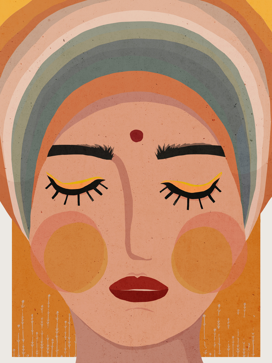 Illustration einer Frau mit geschlossenen Augen in einem bunten Kopftuch.