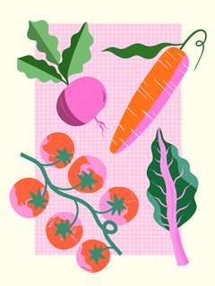 Illustration von buntem Gemüse auf rosa kariertem Hintergrund.