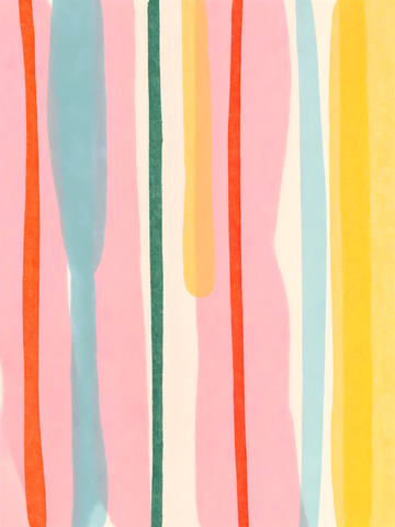 Poster mit vertikalen Linien in Rot, Pink, Gelb, Grün und Blau auf beigem Hintergrund.