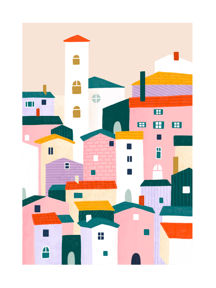 Ein farbenfrohes Dorf mit Häusern in verschiedenen Formen und Größen, in Rosa-, Orange- und Grüntönen gemalt.