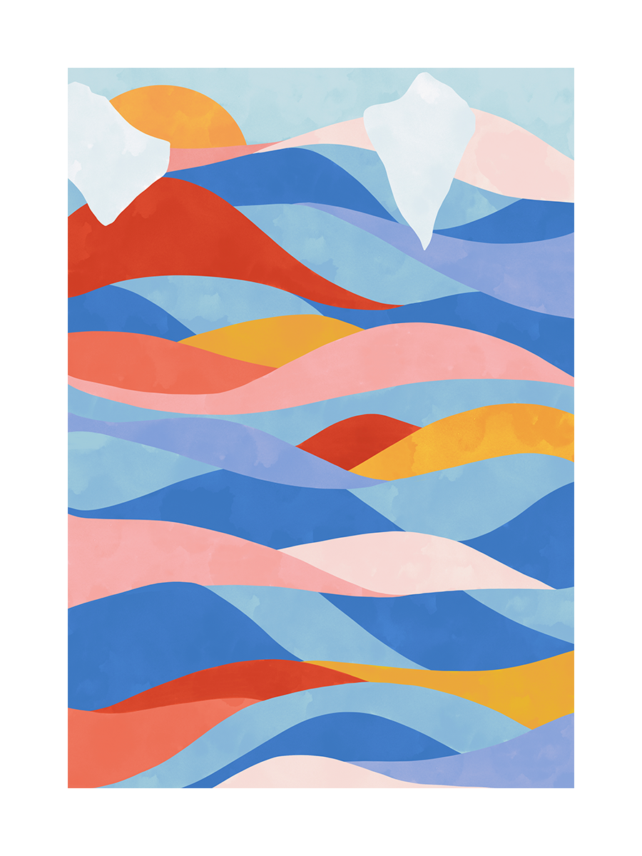 Abstraktes Poster mit bunten Wellen, einer orangefarbenen Sonne und weißen Wolken.