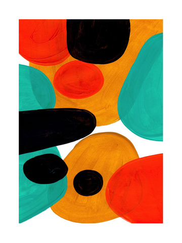 Abstrakte Komposition mit schwarzen, orangefarbenen, roten und türkisen Formen auf weißem Hintergrund.