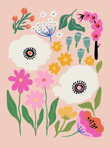 Eine farbenfrohe botanische Illustration mit verschiedenen abstrakten Blumen auf rosa Hintergrund.