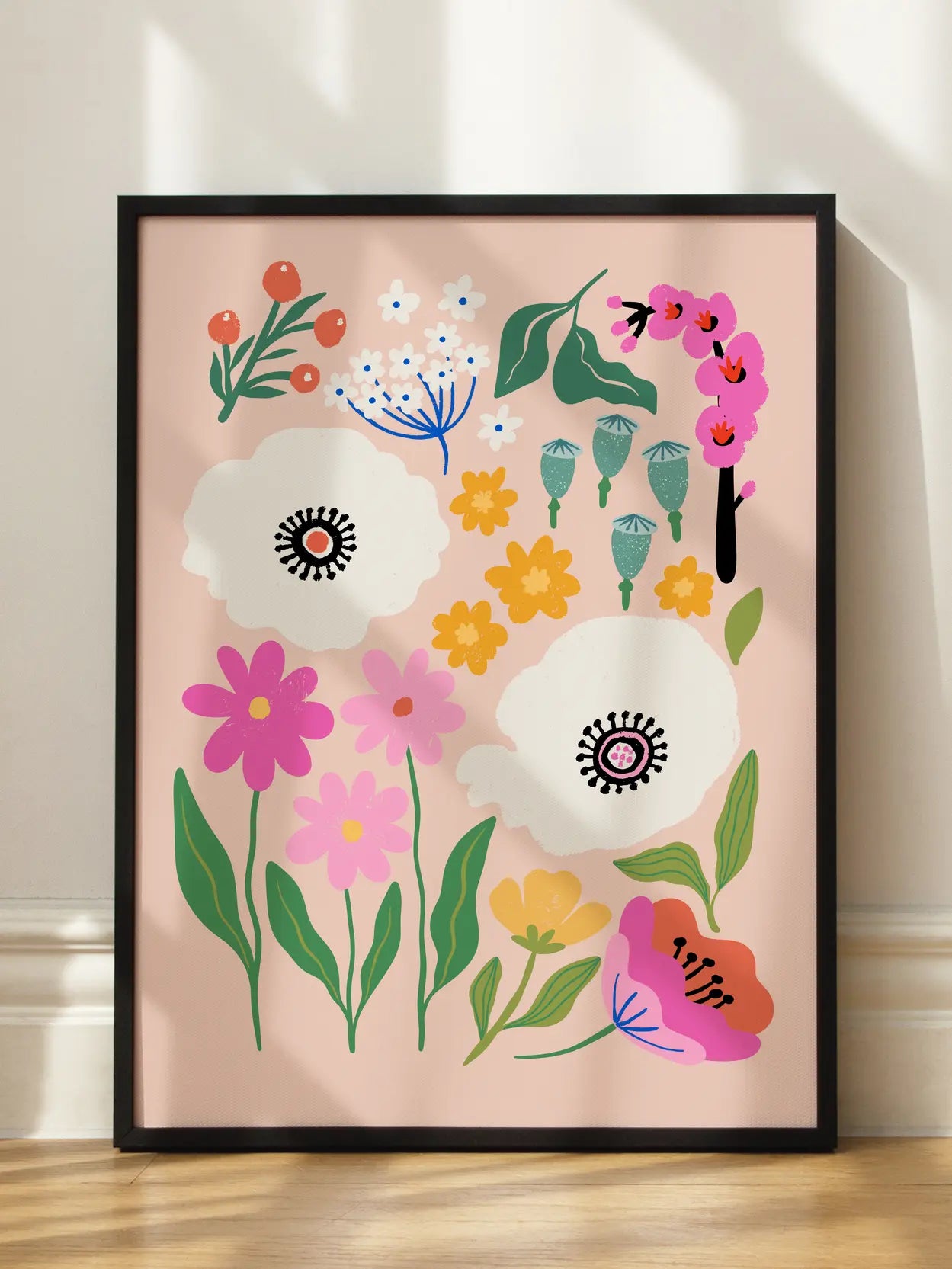 Colourful Floral Pattern On Pink Poster