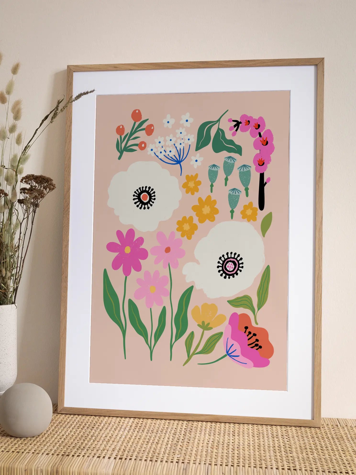 Colourful Floral Pattern On Pink Poster