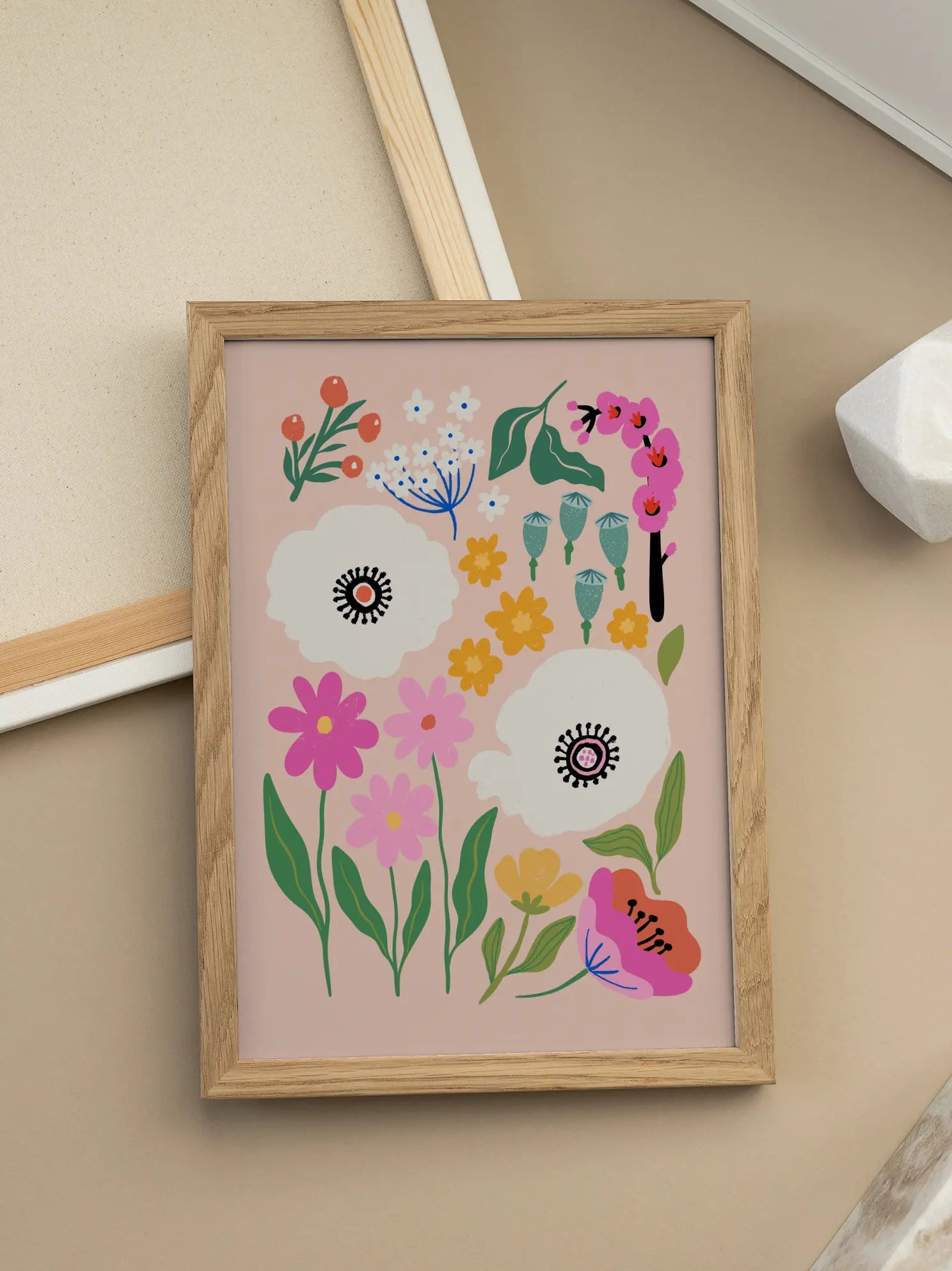 Colourful Floral Pattern On Pink Poster