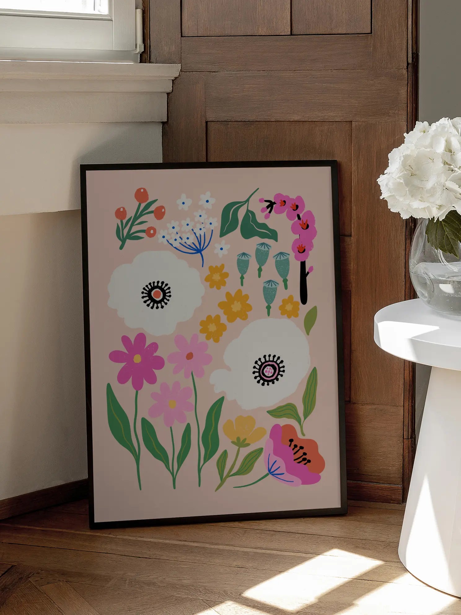 Colourful Floral Pattern On Pink Poster