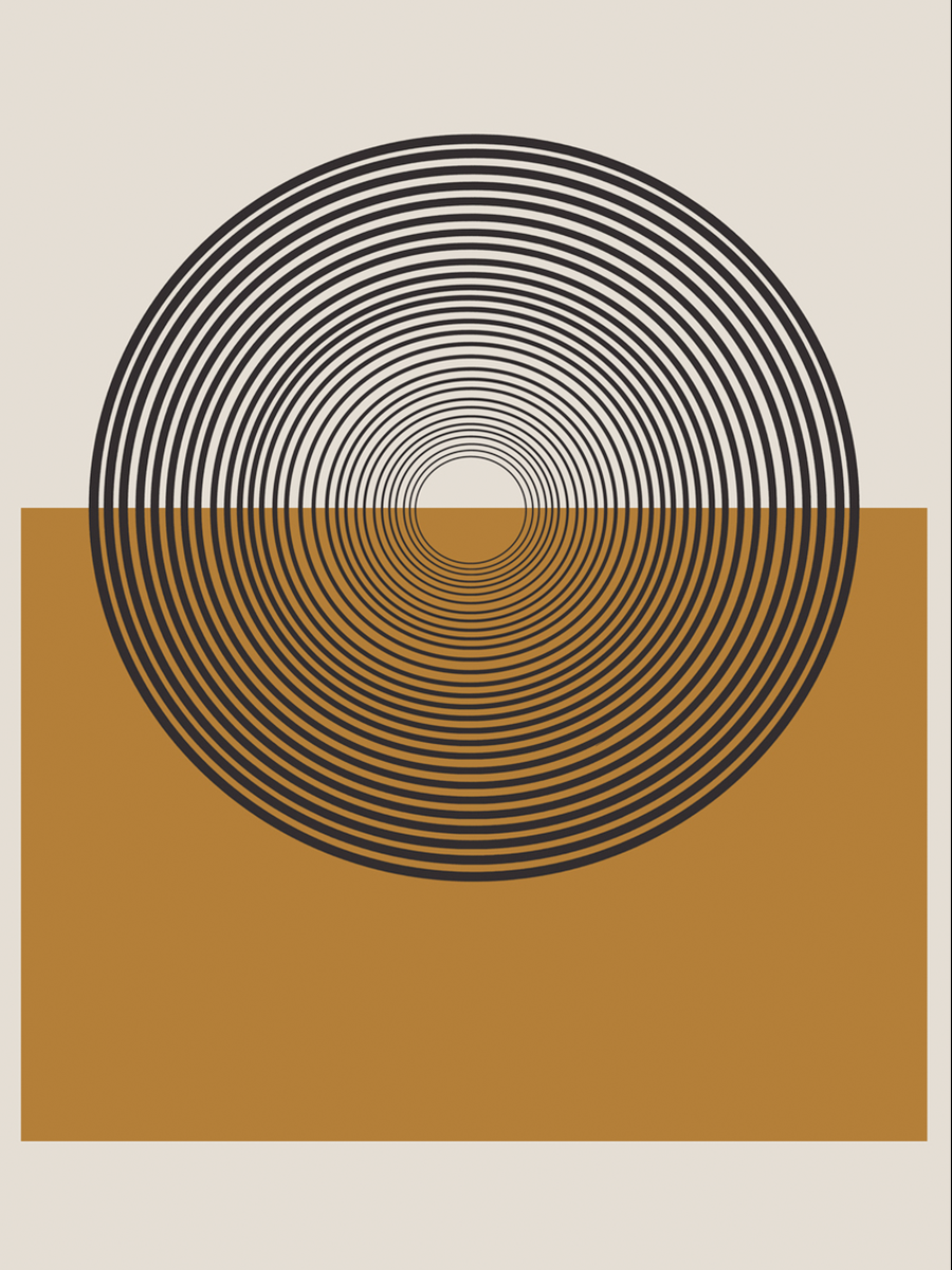 Grafische Illustration mit einem schwarz-weißen Kreis und Linien auf einem beigen Hintergrund mit braunem Quadrat.