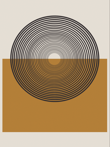 Grafische Illustration mit einem schwarz-weißen Kreis und Linien auf einem beigen Hintergrund mit braunem Quadrat.