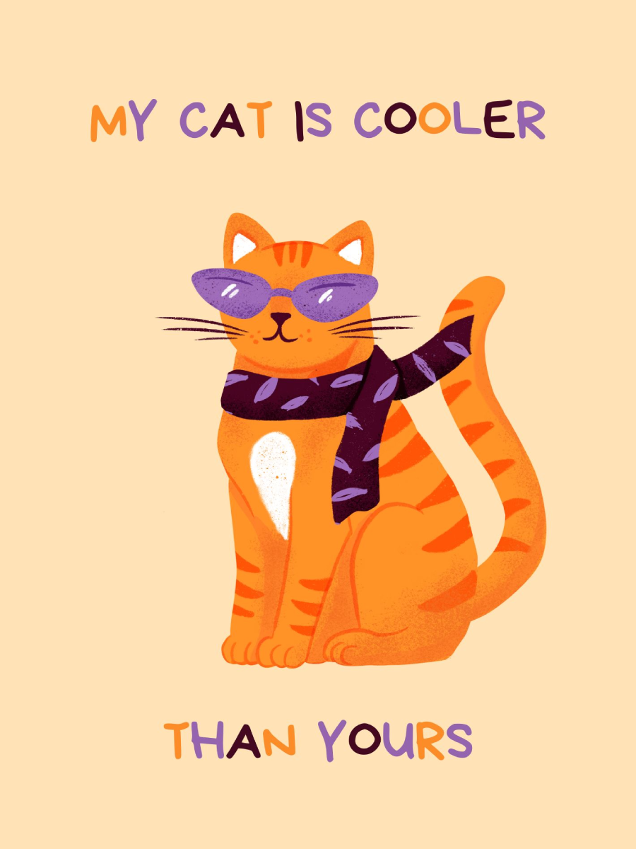 Illustration einer Katze mit Sonnenbrille und Schal, umgeben vom Text "My cat is cooler than yours".