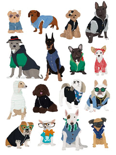 Illustration von verschiedenen Hunden in stylischen Outfits.