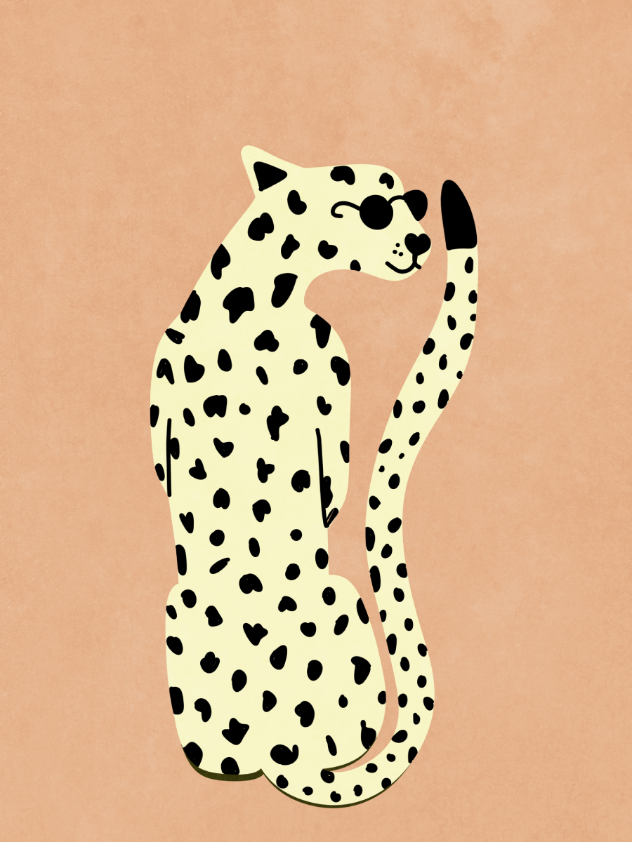 Illustration eines Leoparden mit Sonnenbrille auf hellbraunem Hintergrund.