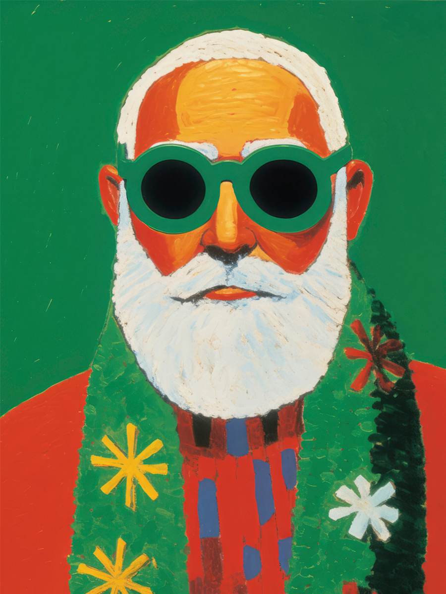 Ein farbenfroher Weihnachtsmann mit grüner Sonnenbrille und grünem Schal vor grünem Hintergrund.