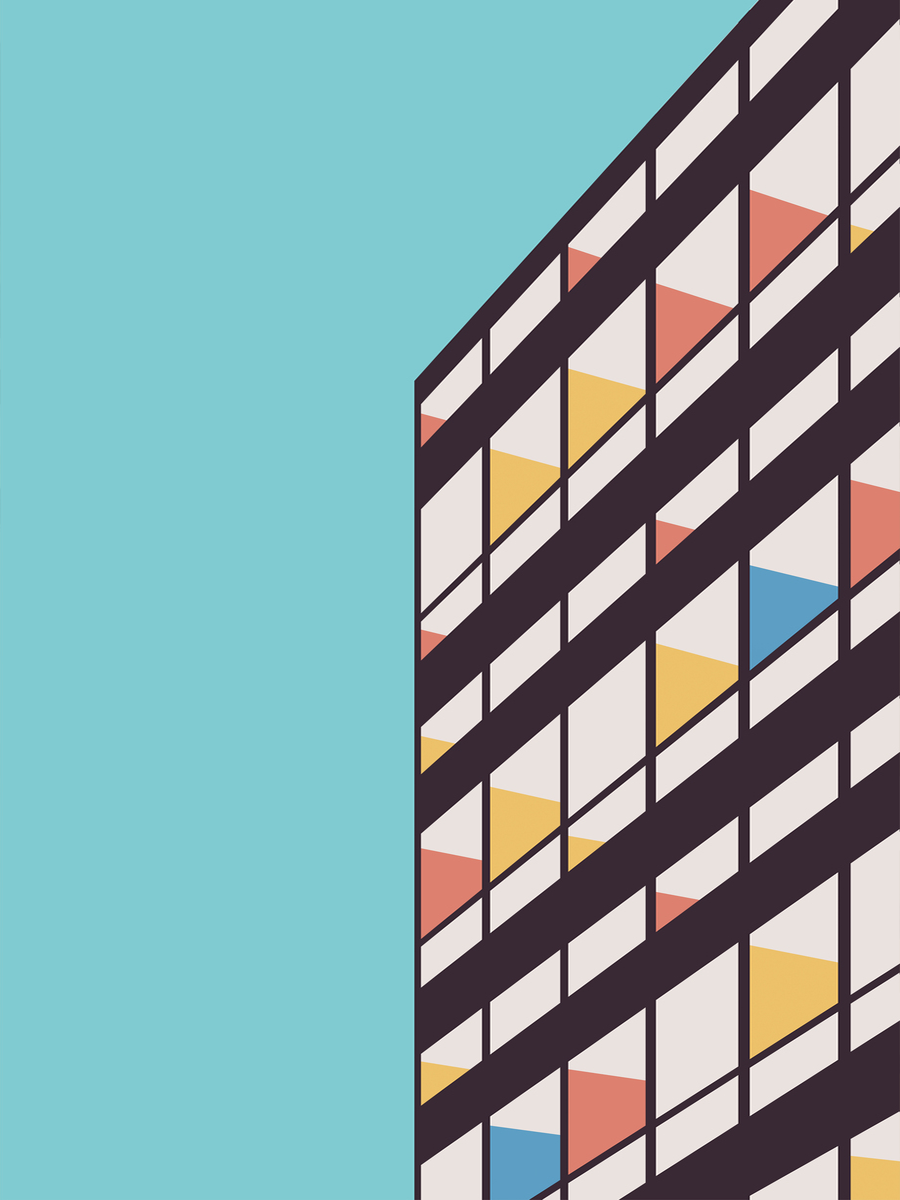 Grafische Illustration eines Gebäudes mit buntem Dreiecksmuster vor hellblauem Hintergrund.