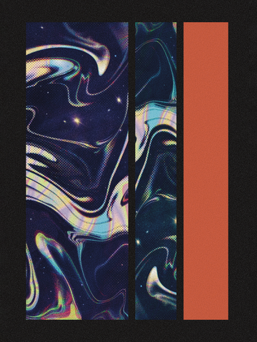 Abstraktes Poster mit galaktischem Wirbelmuster in Blau und Rot.