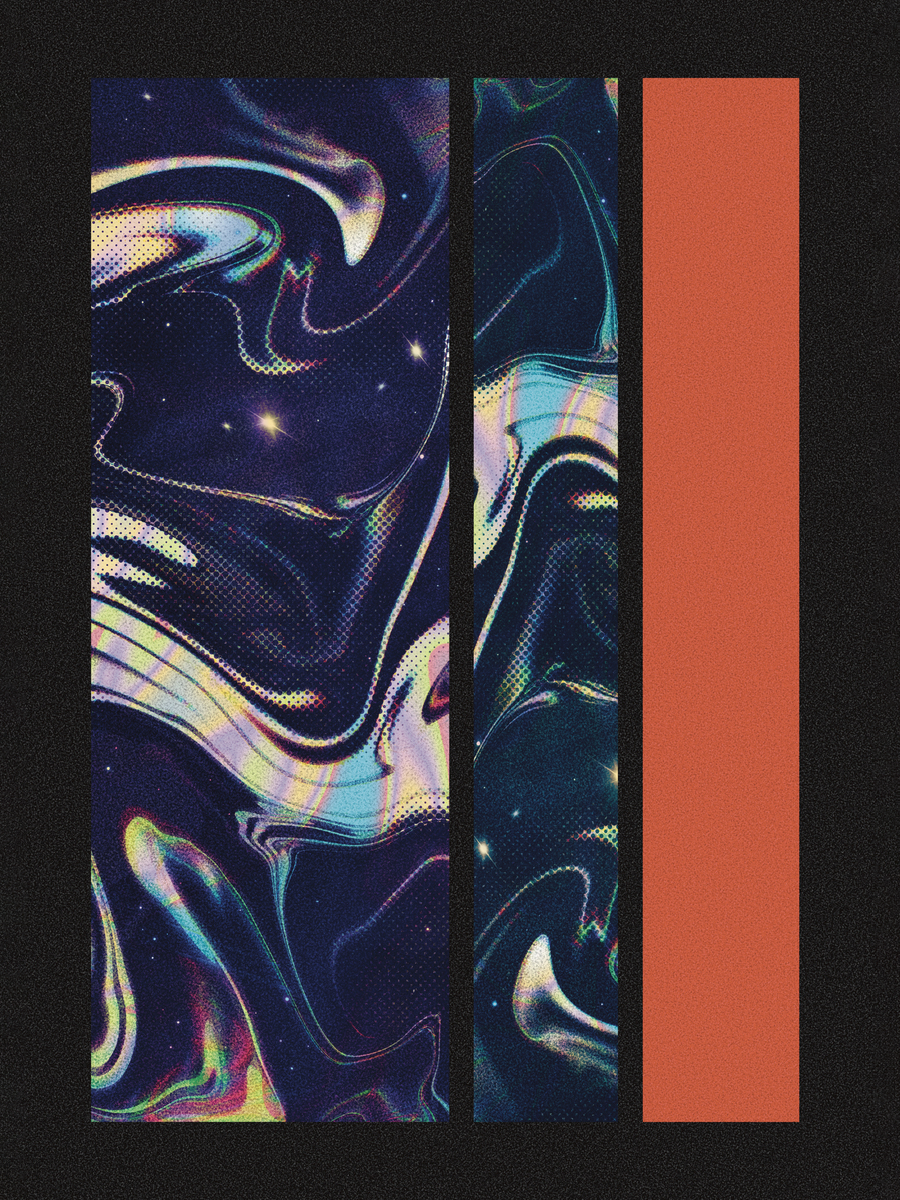 Abstraktes Poster mit galaktischem Wirbelmuster in Blau und Rot.