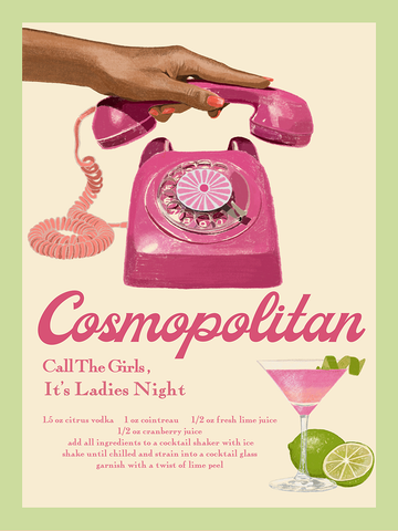 Illustration eines pinken Retro-Telefons mit dem Text "Cosmopolitan" und einem Cocktailrezept.