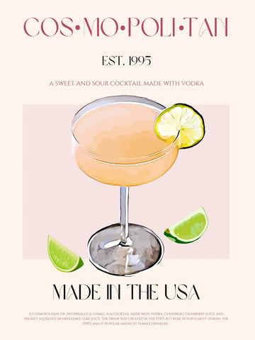 Poster mit einem Cosmopolitan-Cocktail und Text über seine Herkunft.