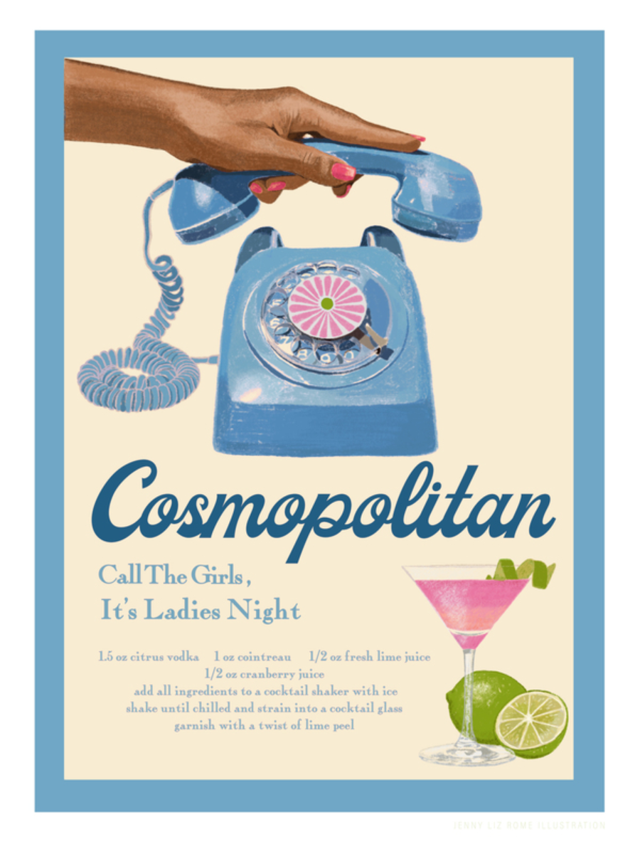 Poster mit einem Rezept für einen Cosmopolitan-Cocktail, eine Hand hält ein blaues Telefon, Retro-Look.