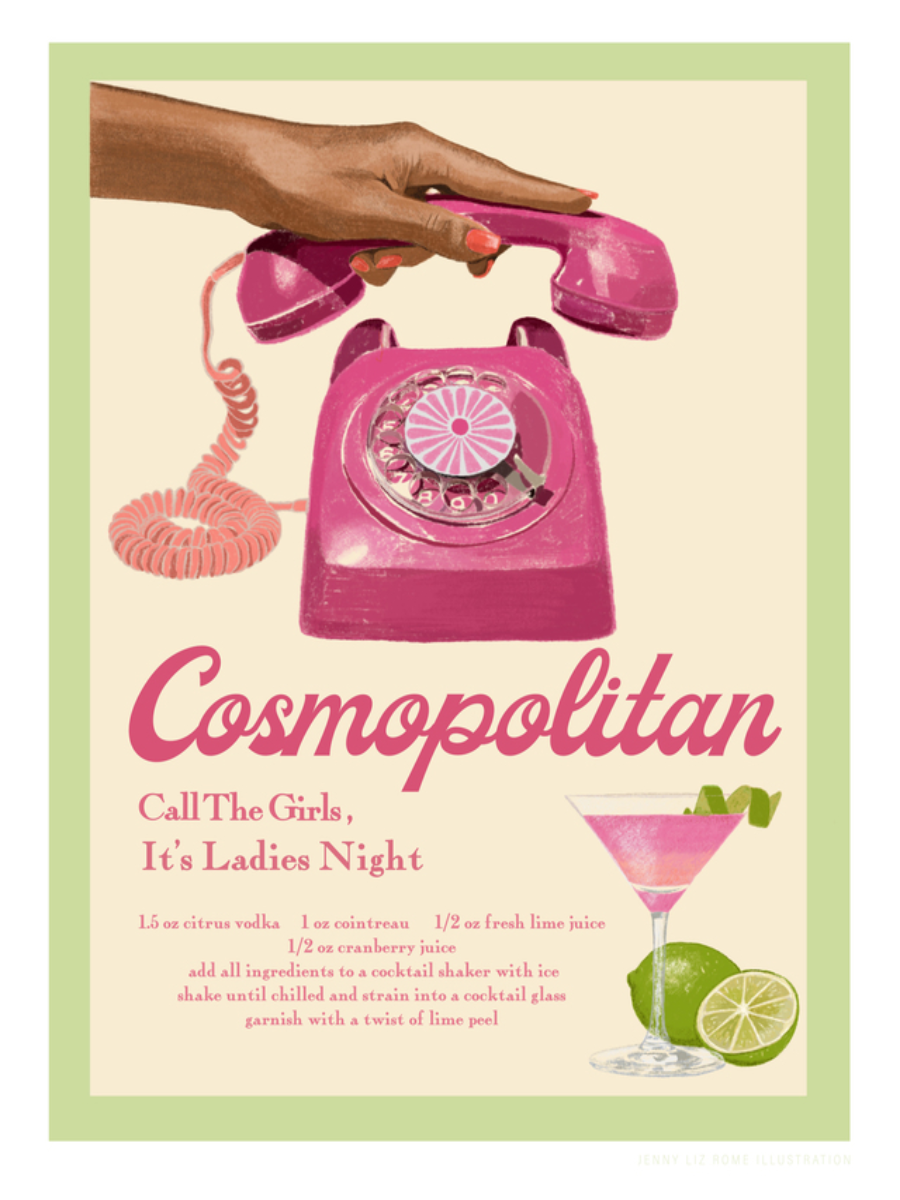 Illustration eines pinken Retro-Telefons mit dem Text "Cosmopolitan" und einem Cocktailrezept.