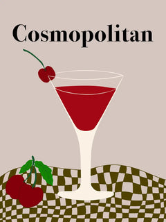 Illustration eines roten Cocktails mit Kirschen auf einem karierten Tisch und dem Text Cosmopolitan.