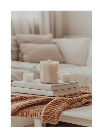 Weiße Kerzen auf einem Stapel Bücher vor einem Sofa.