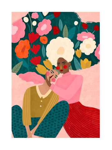 Illustration eines verliebten Paares vor einem Hintergrund aus bunten Blumen.