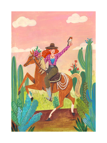 Illustration einer Cowgirl-Frau auf einem Pferd in der Wüste mit einem Vogel auf der Hand, rosa Himmel und grüne Kakteen.