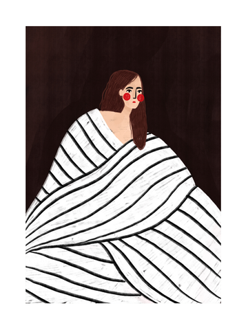 Illustration einer Frau mit roten Wangen in einer schwarz-weiß gestreiften Decke vor dunkelbraunem Hintergrund.