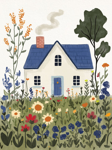 Illustration eines weißen Hauses mit blauem Dach, umgeben von einer Blumenwiese.