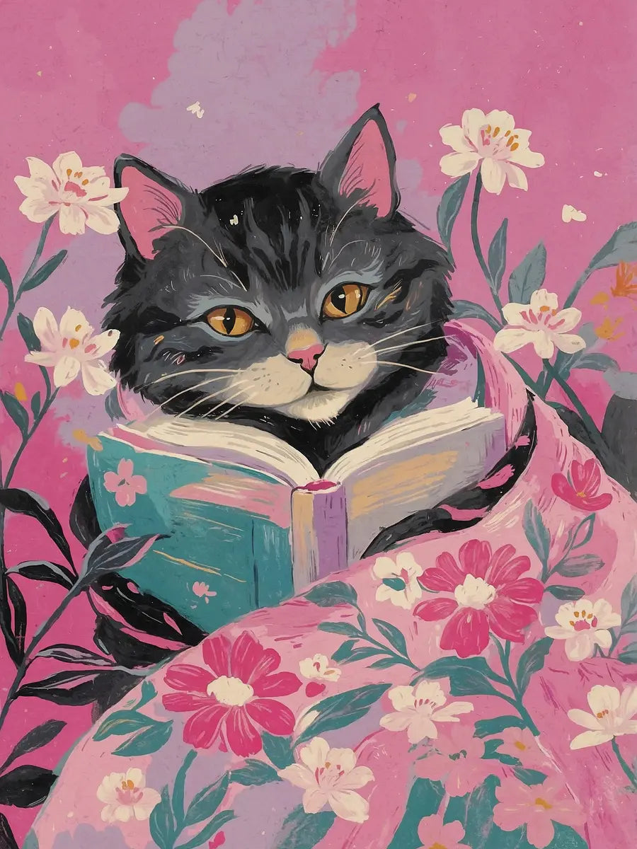 Illustration einer Katze, die ein Buch liest, umgeben von rosa Blumen auf pinkem Hintergrund.