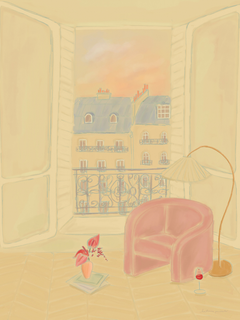 Illustration eines Pariser Balkons mit einem rosa Stuhl, Glas Wein, Blumen und Büchern.