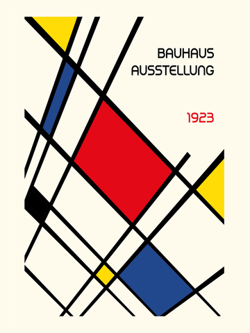 Grafik mit schwarzen Linien und roten, blauen und gelben Quadraten auf beigem Hintergrund, mit dem Text Bauhaus Ausstellung 1923.