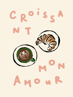Illustration eines Croissants und einer Tasse Kaffee mit dem Text "Croissant mon amour" auf beigem Hintergrund.