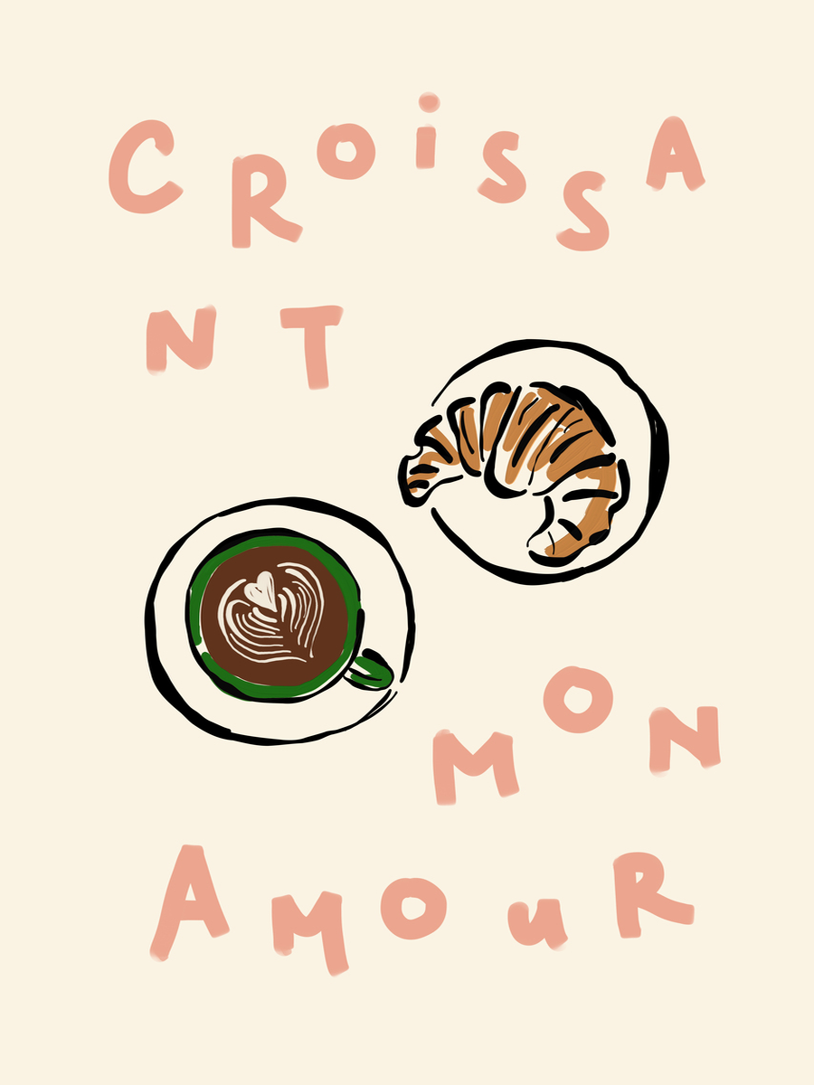 Illustration eines Croissants und einer Tasse Kaffee mit dem Text "Croissant mon amour" auf beigem Hintergrund.