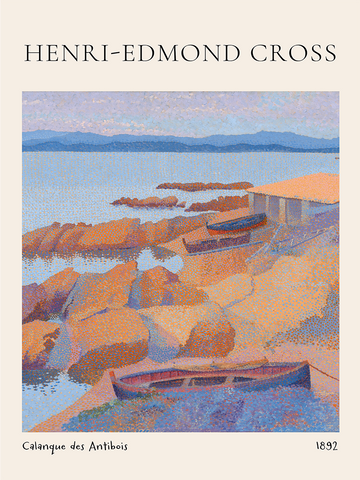 Poster von Henri-Edmond Cross mit einer Küstenszene, Bootshaus und Booten in Pastelltönen.
