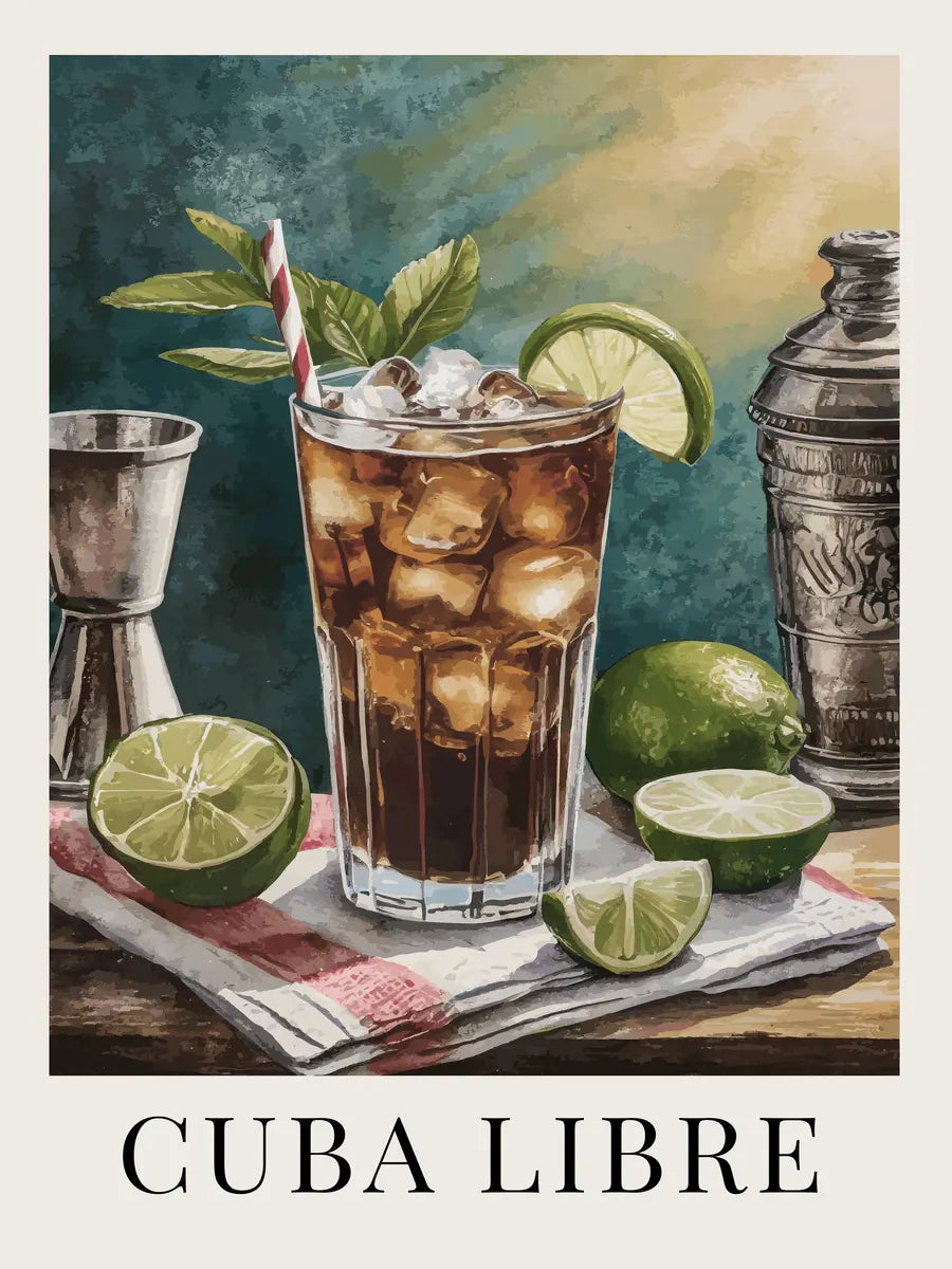 Poster mit einem Cuba Libre Cocktail in einem Glas mit Eis, Limettenscheibe, umgeben von Limetten und Minzblättern.