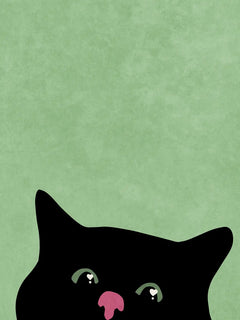 Illustration einer schwarzen Katze mit rosa Nase und weißen Augen vor grünem Hintergrund.