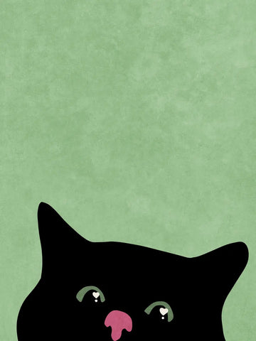 Illustration einer schwarzen Katze mit rosa Nase und weißen Augen vor grünem Hintergrund.