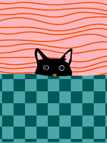 Illustration einer schwarzen Katze, die hinter einer karierten Decke hervorschaut, mit wellenförmigen Linien im Hintergrund.