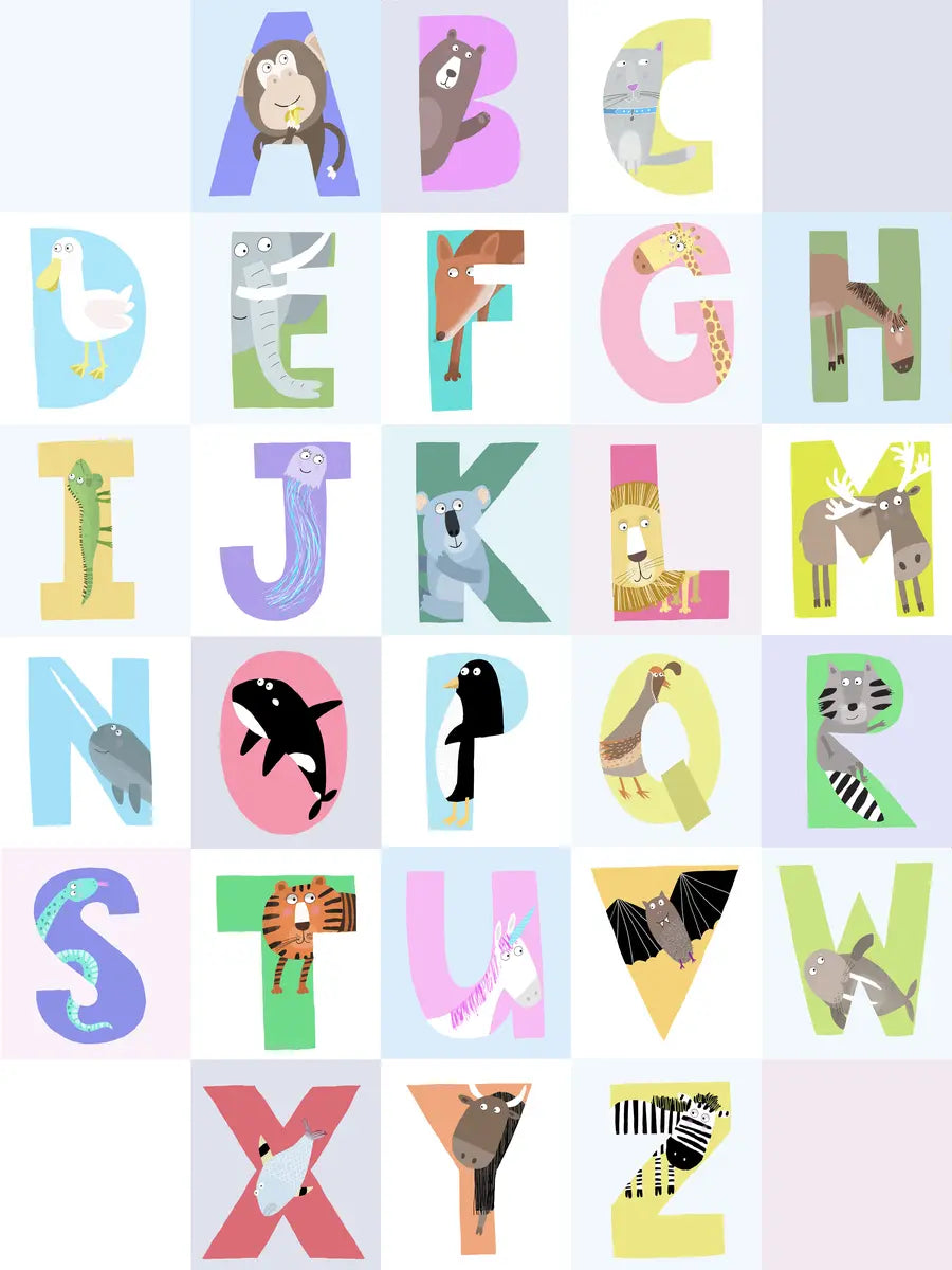 Buntes Poster mit Buchstaben von A bis Z, jeder Buchstabe mit einem Tier illustriert.