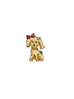 Illustration eines niedlichen Pudelwelpen mit roter Schleife.